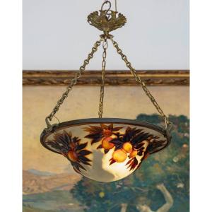 émile Gallé (1846-1904) “oranges Soufflées” A Rare Art Nouveau Cameo Glass Ceiling Light 