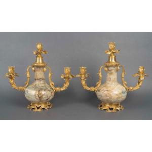 A 19th Century French Pair Of Ormolu-mounted Fluorite Spar Candelabras 