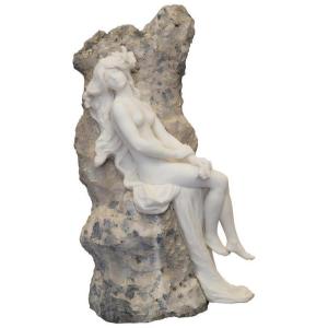 Hippolyte François Moreau (1832–1927) Large White Marble Sculpture Of An Art Nouveau Nymph