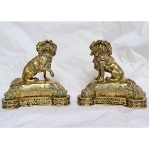 A French 19th Century Pair Of Louis XVI Style Ormolu Andirons 