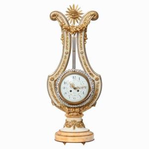 An Impressive French 19th Century Neoclassical Lyre-form Clock  With Jeweled Pendulum