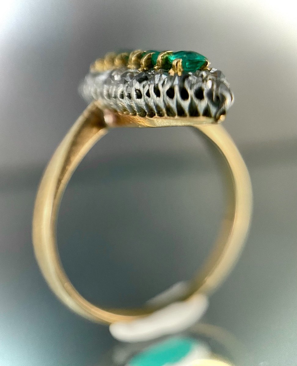 Bague XIX ème Argent Sur Or Sertie d'1,20 Carats d'émeraudes Et 24 Roses De Diamant-photo-4