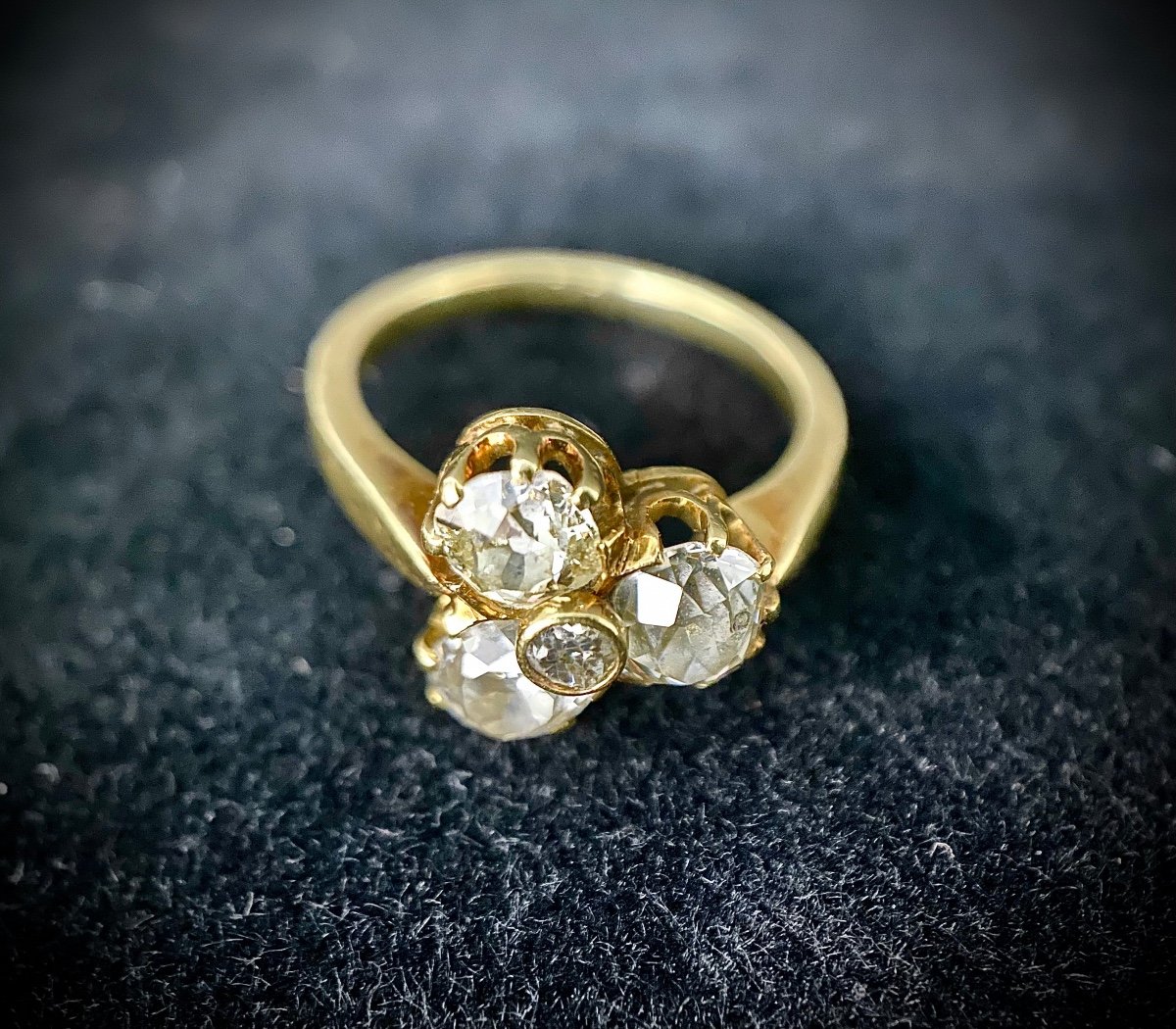 Napoleon III Ring In 18 Carat Yellow Gold Set With 3 Old Diamonds Of 0.60 Carat Each-photo-2