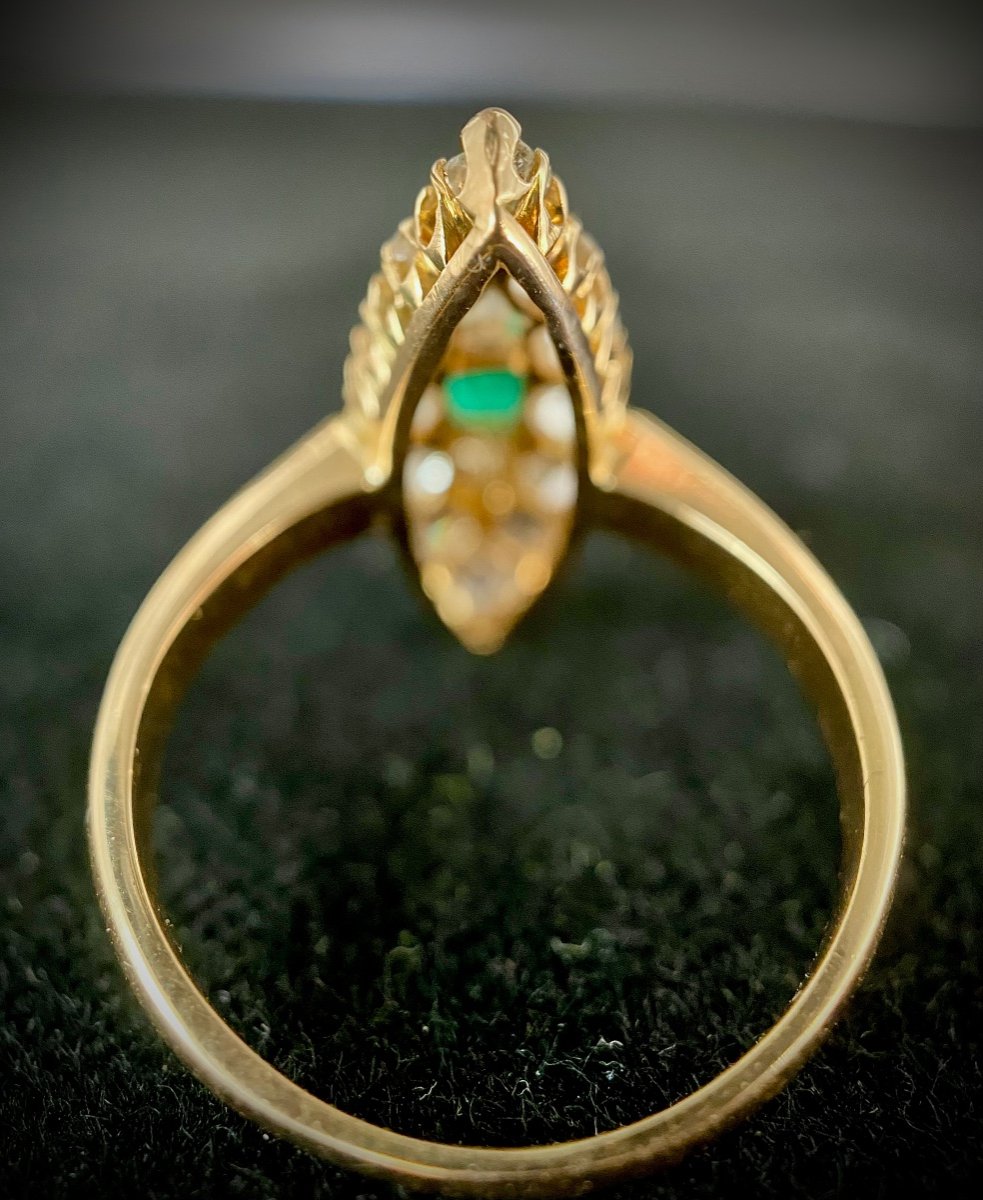 Marquise Ring In 18k Yellow Gold Set With A 0.35 Carat Emerald And 14 Rose Diamonds-photo-2