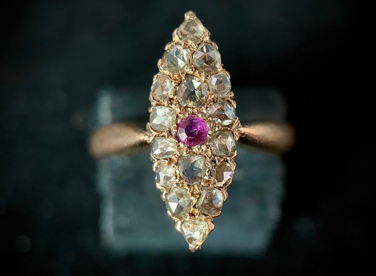 19th Century Marquise Ring Set With A Ruby And Diamond Roses-photo-3