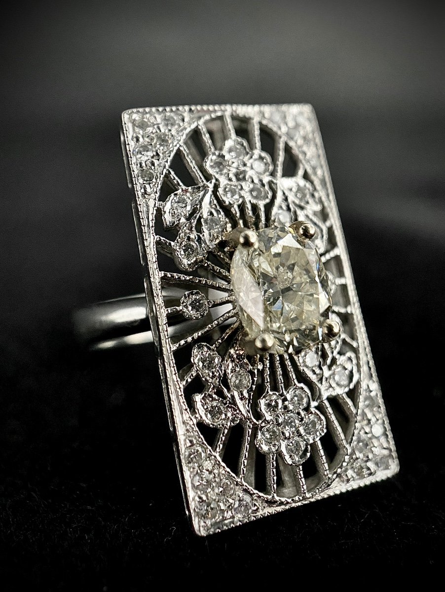 Bague En Platine Diamant Taille Coussin De 1,20 Carats Et 46 Brillants-photo-1