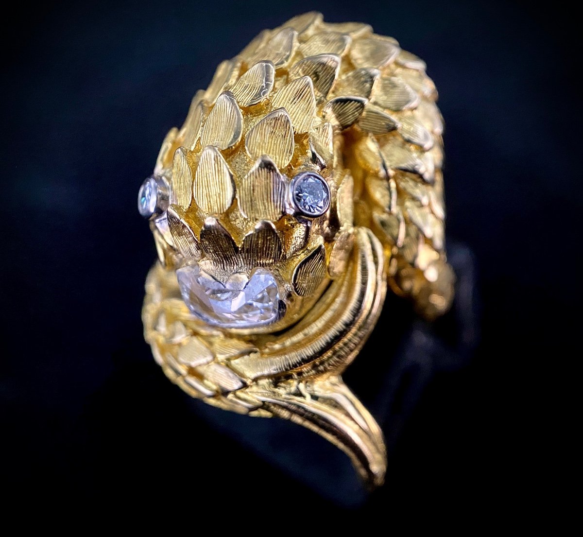 Chiseled Yellow Gold Ring In The Shape Of A Crocodile With Diamond Of 0.35 Carat + 0.10 Carat-photo-1