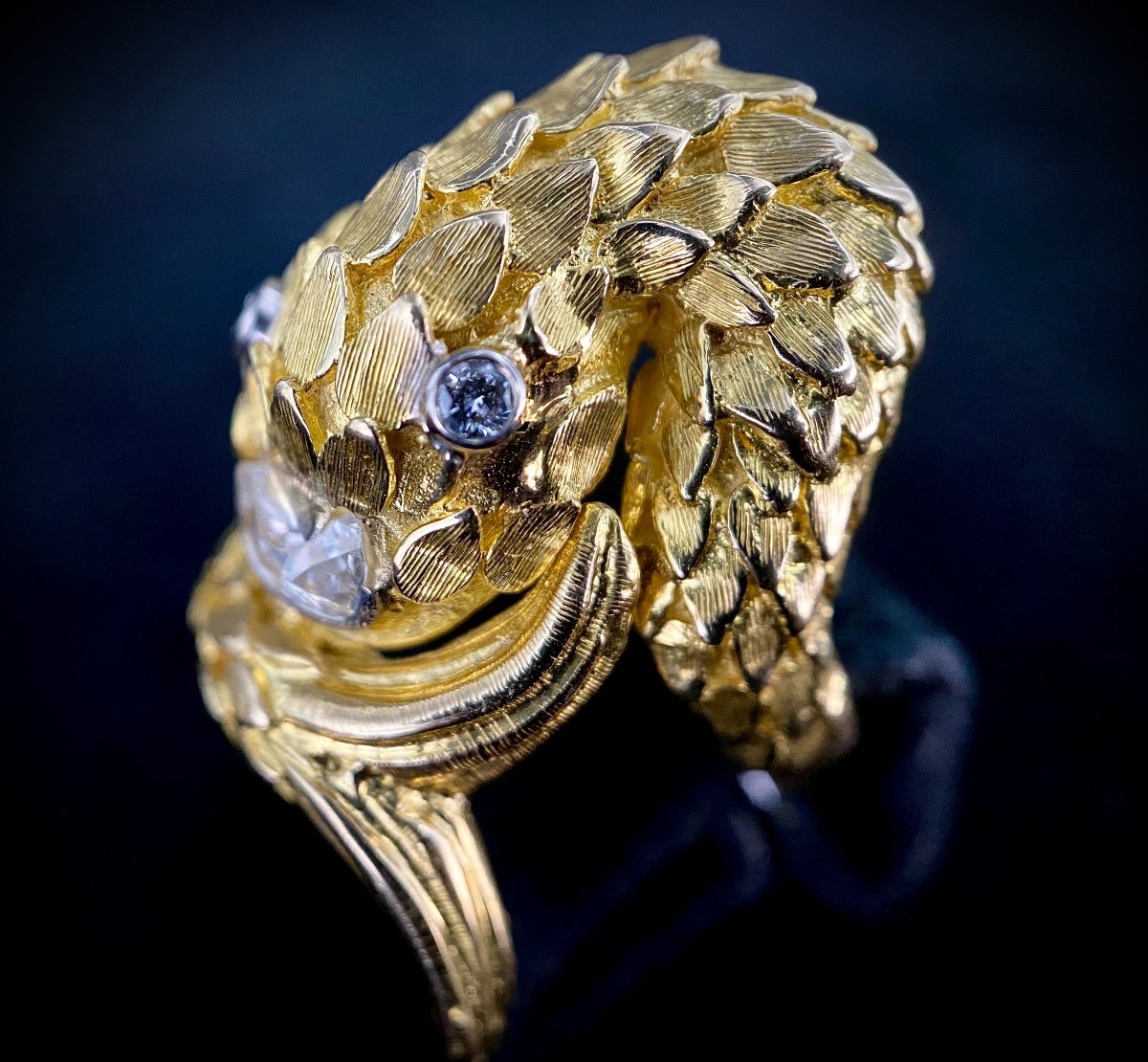 Chiseled Yellow Gold Ring In The Shape Of A Crocodile With Diamond Of 0.35 Carat + 0.10 Carat-photo-3