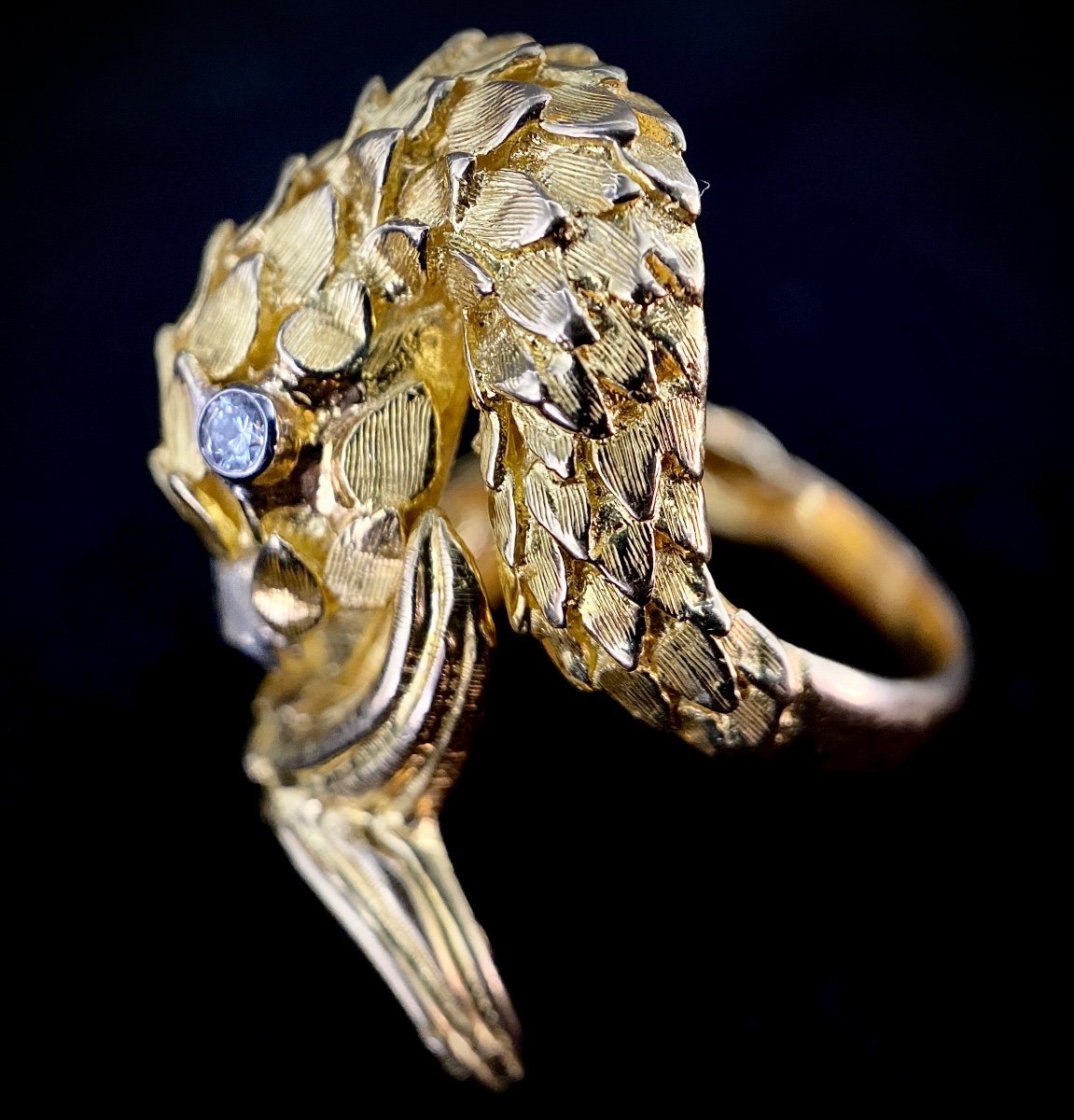 Chiseled Yellow Gold Ring In The Shape Of A Crocodile With Diamond Of 0.35 Carat + 0.10 Carat