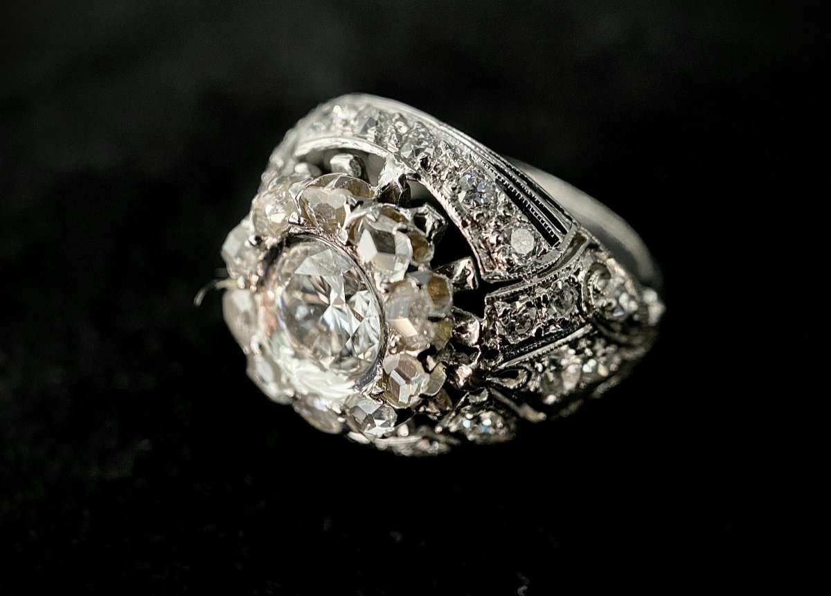 Bague XIX ème En Or Blanc Sertie d'Un Brillant d'1 Carat (vs) + 40 Diamants Taille Rose Et 8/8-photo-3