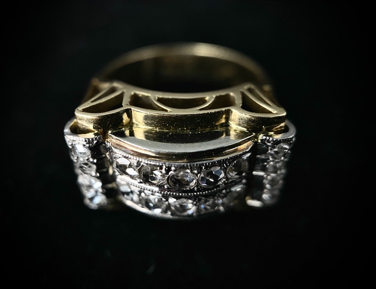 Tank Model Ring, 1940/50, Two-tone Gold, Decorated With 18 Diamond Roses-photo-2
