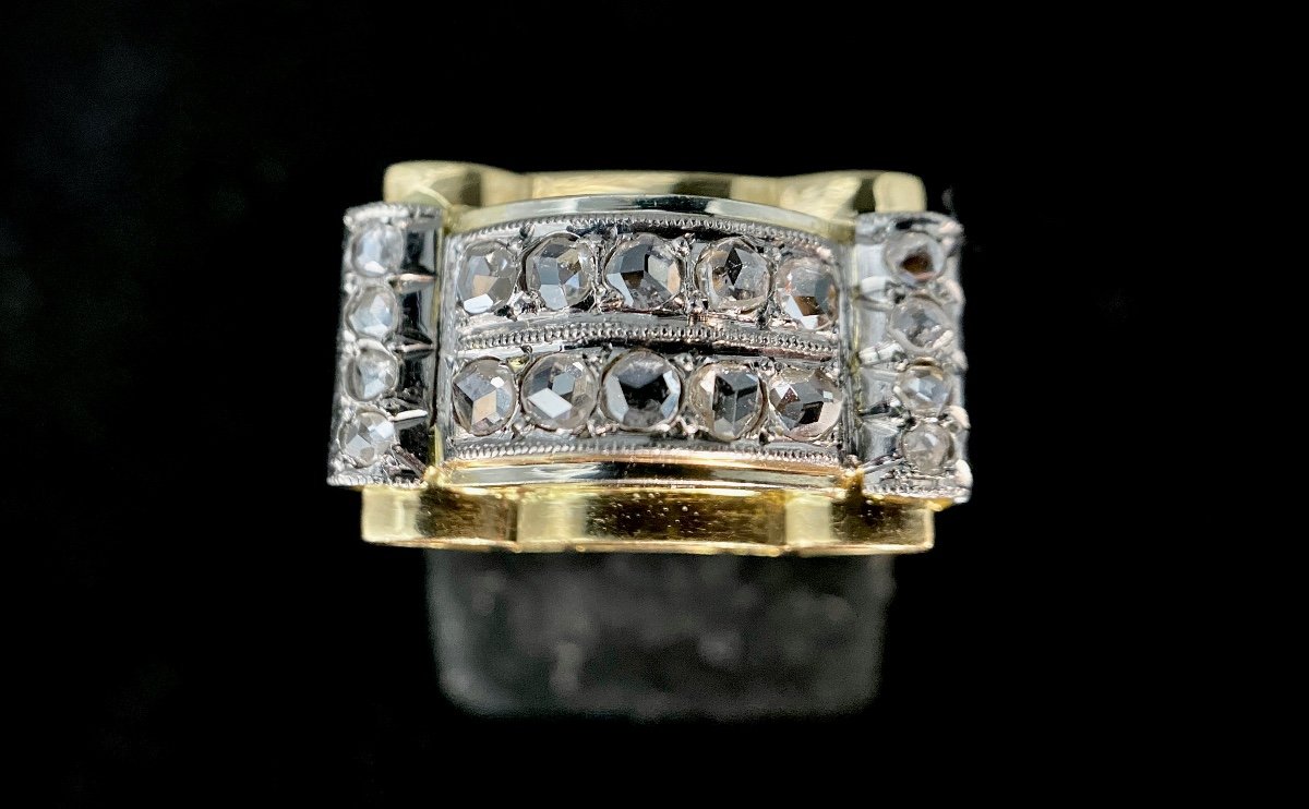 Tank Model Ring, 1940/50, Two-tone Gold, Decorated With 18 Diamond Roses-photo-6