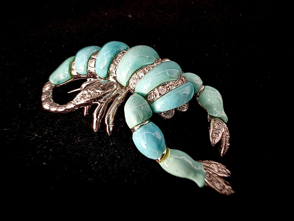 Broche scorpion en or blanc 18 carats sertie de 11 turquoises et 32 brillants-photo-4