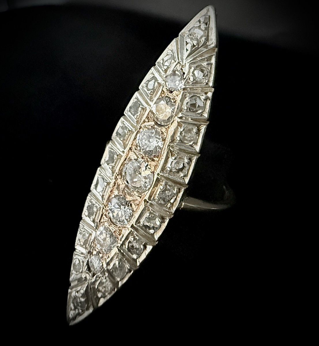 Marquise Ring In Silver On 18-carat Yellow Gold Set With 2 Carats Of Diamonds
