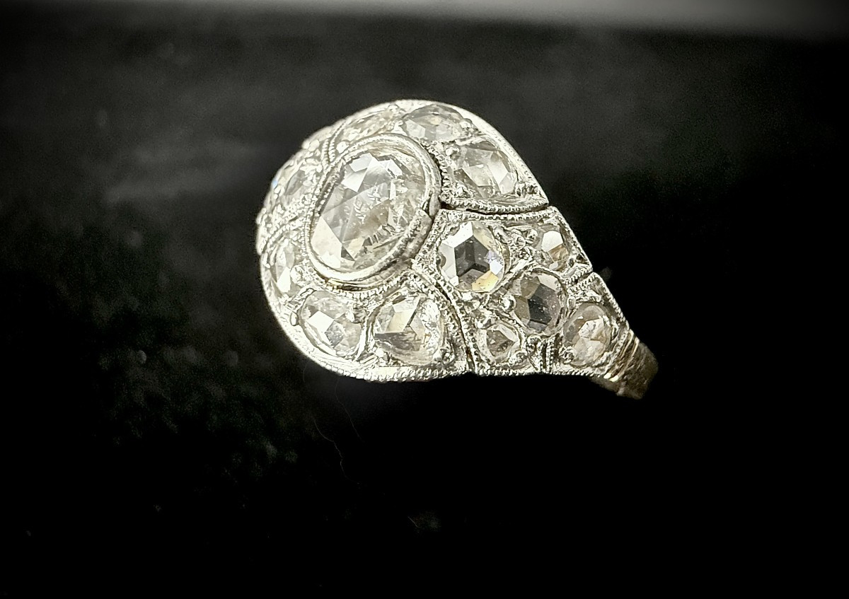 Art Nouveau Ring In Gold And Platinum Set With Rose-cut Diamonds