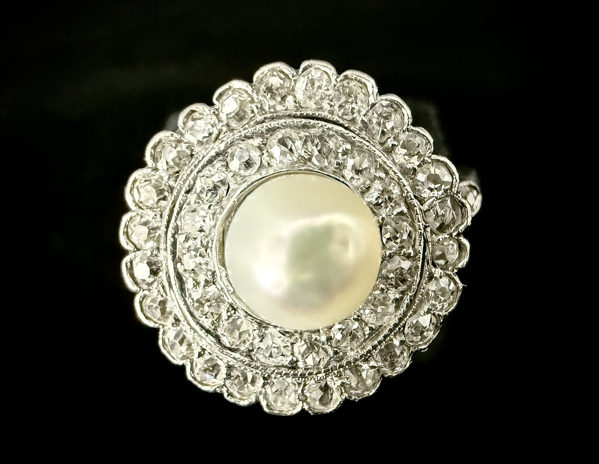 Art Nouveau Platinum Ring Adorned With A Fine Pearl And Diamonds-photo-4