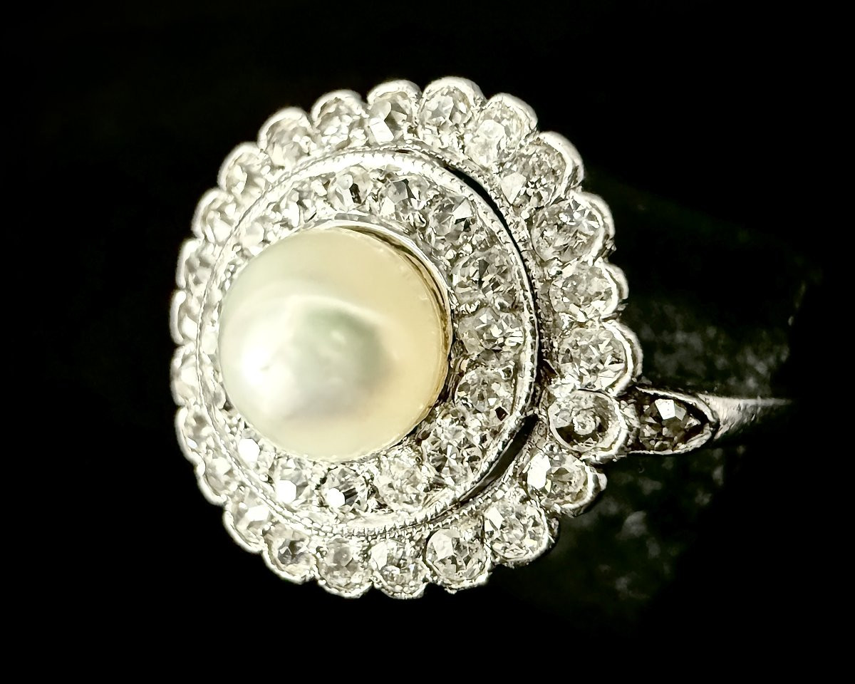 Art Nouveau Platinum Ring Adorned With A Fine Pearl And Diamonds-photo-5