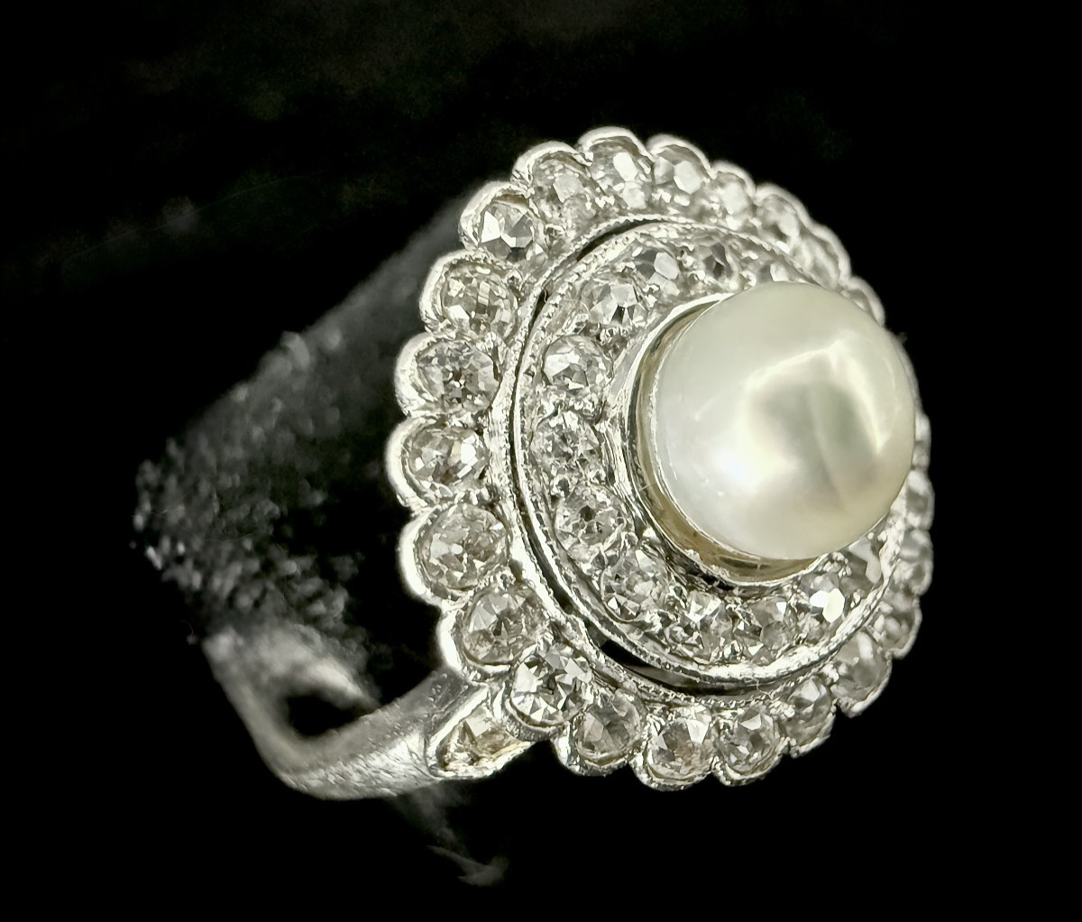 Art Nouveau Platinum Ring Adorned With A Fine Pearl And Diamonds
