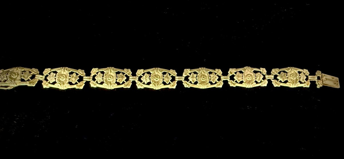 Art Nouveau Bracelet In 18-karat Yellow Gold, Composed Of 7 Links With Floral Decoration, 29.3 Grams-photo-2