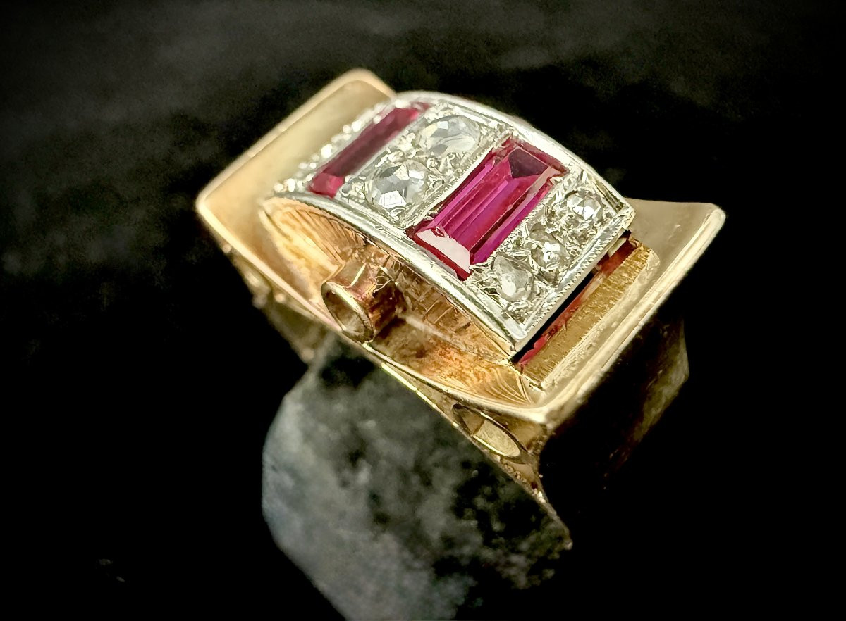 Bague Noeud or jaune et blanc sertie de roses de diamant et rubis de synthèse-photo-2