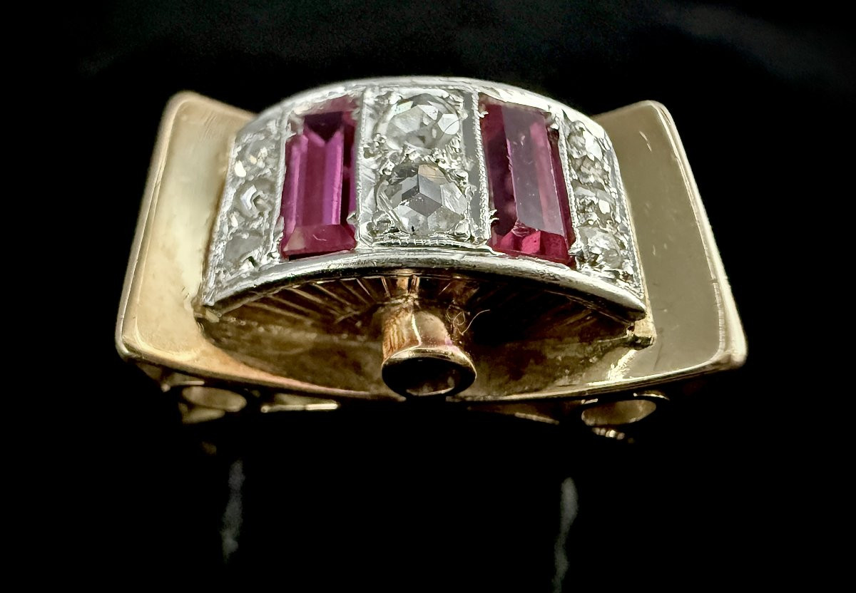 Bague Noeud or jaune et blanc sertie de roses de diamant et rubis de synthèse-photo-4