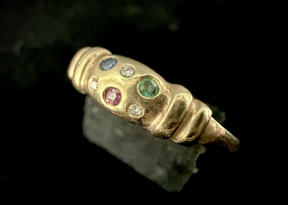 Bague or jaune sertie de brillants, émeraude, saphir et rubis-photo-3