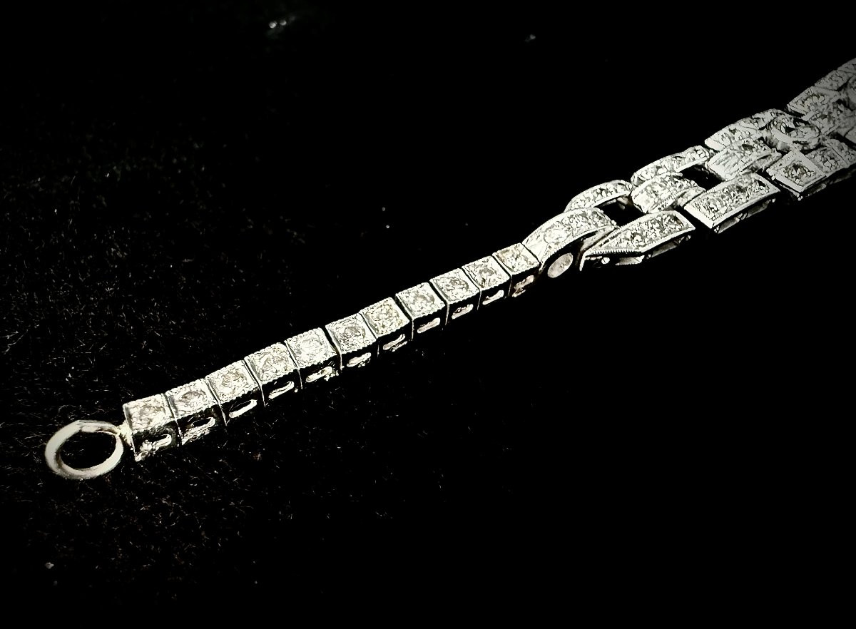 Art Deco Bracelet In Platinum And White Gold Set With An Emerald And 4.72 Carats Of Diamonds-photo-4