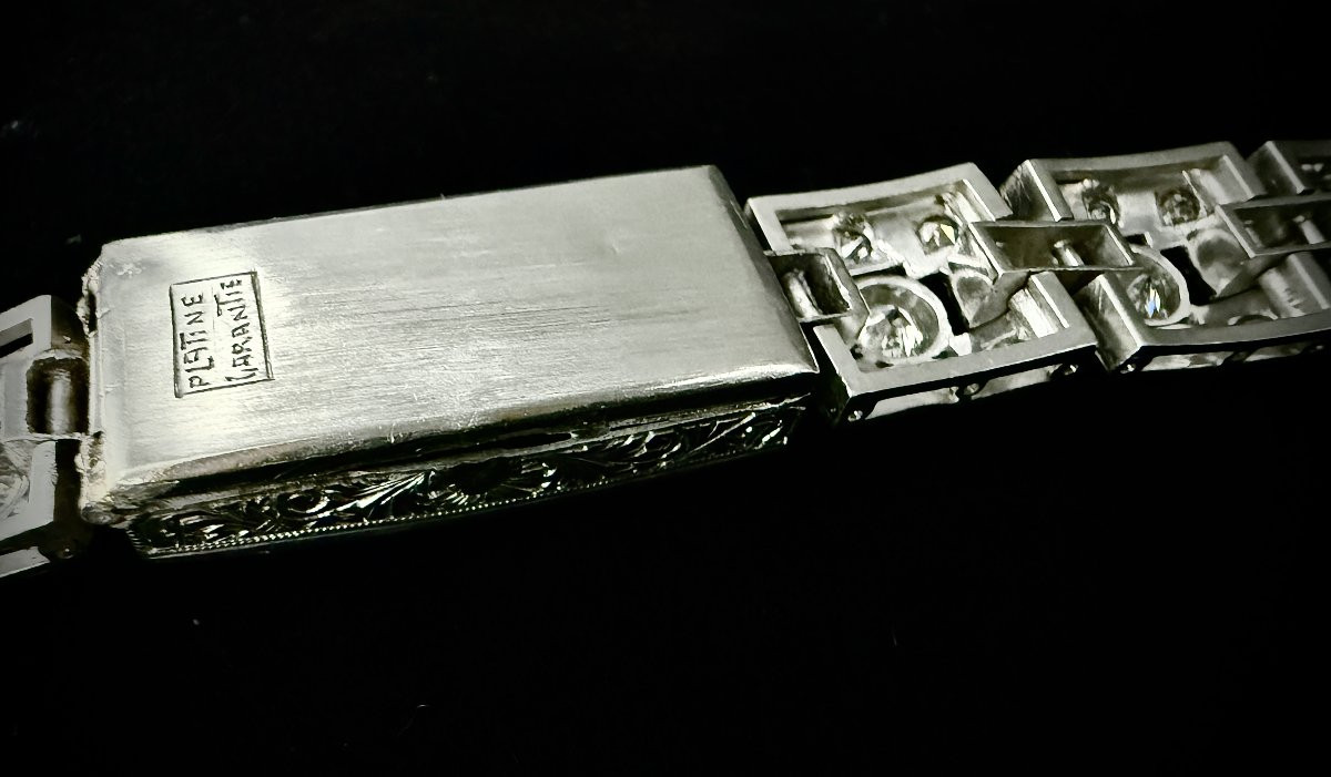 Art Deco Bracelet In Platinum And White Gold Set With An Emerald And 4.72 Carats Of Diamonds-photo-5