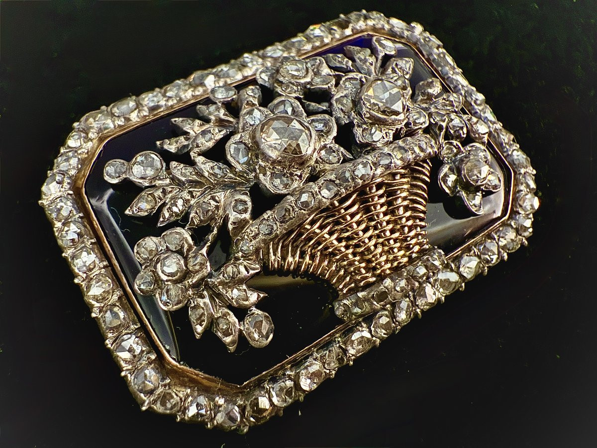 Napoleon III Brooch In Yellow Gold And Silver Set With Diamond Roses On A Blue Enamel Background-photo-4