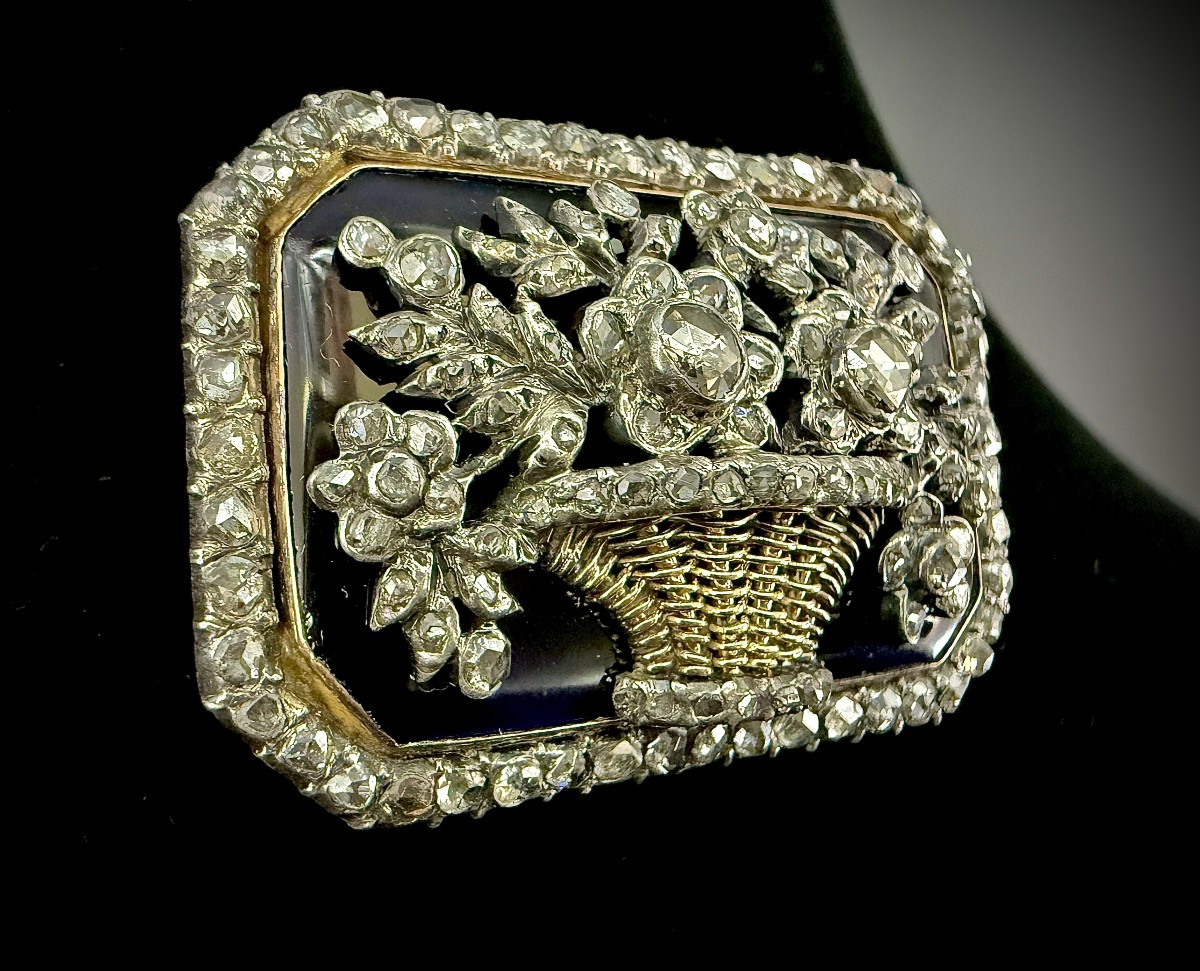 Napoleon III Brooch In Yellow Gold And Silver Set With Diamond Roses On A Blue Enamel Background