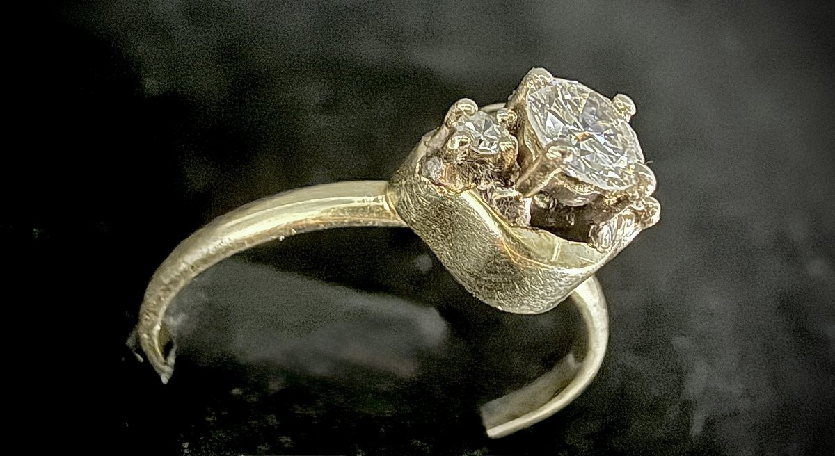 Yellow Gold Ring Set With A 0.35 Carat Diamond And Two 8/8-cut Diamonds-photo-1
