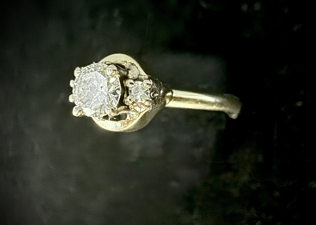 Yellow Gold Ring Set With A 0.35 Carat Diamond And Two 8/8-cut Diamonds-photo-3