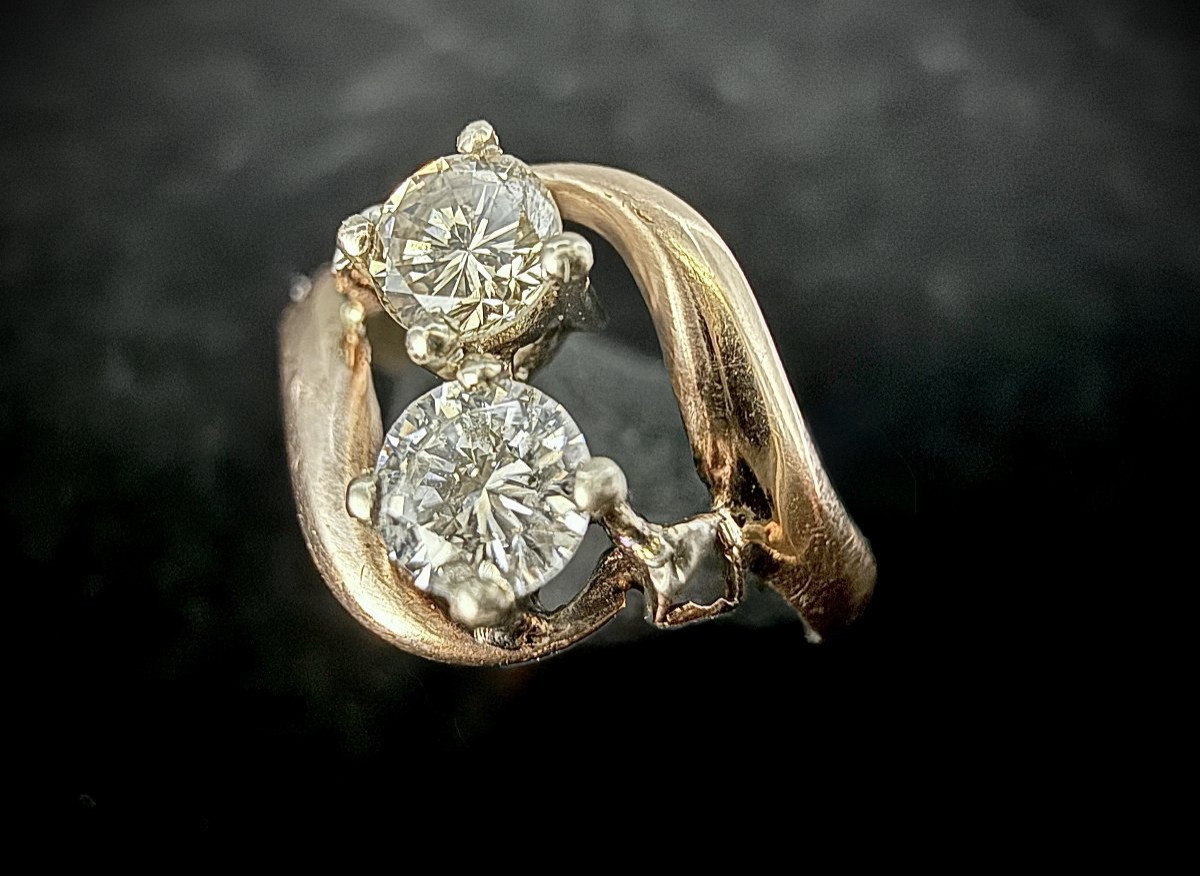 Art Nouveau Ring In Pink Gold Set With 2 Diamonds Of 0.20 And 0.22 Carat G/h And Cognac Color-photo-2
