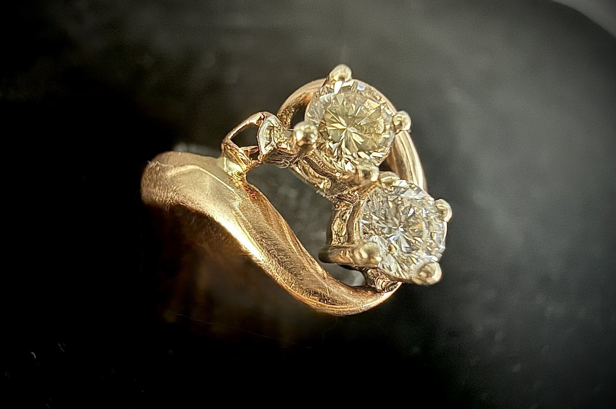 Art Nouveau Ring In Pink Gold Set With 2 Diamonds Of 0.20 And 0.22 Carat G/h And Cognac Color-photo-3
