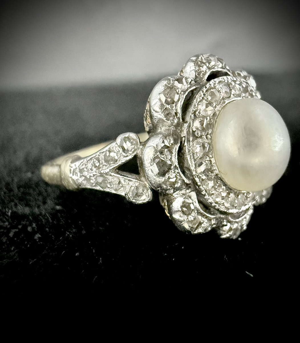 Bague Art Nouveau en or 18K – motif floral, perle  & diamants taille rose – vers 1900-photo-1