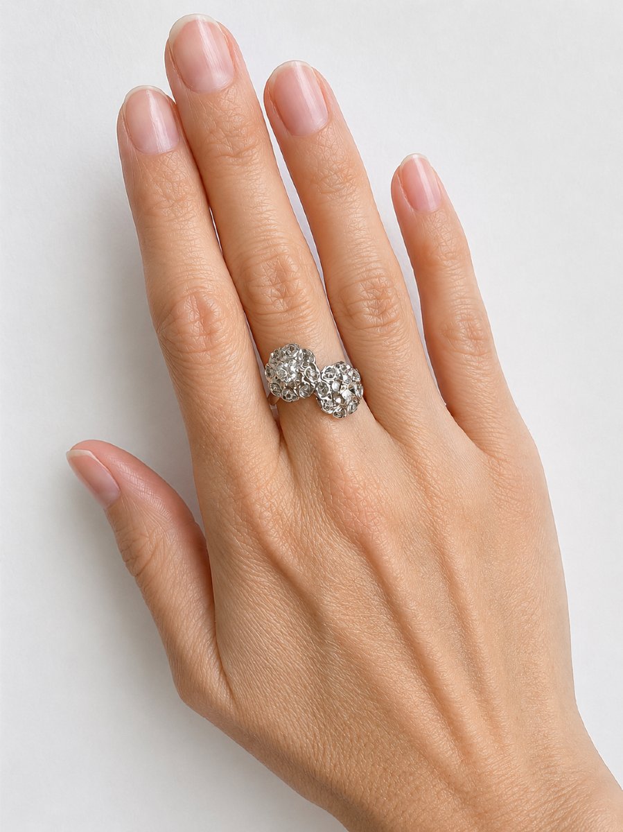 Flower-shaped Toi Et Moi Ring In 18k Gold - Mixed-cut Diamonds-photo-2