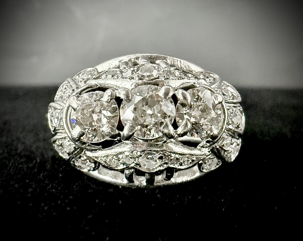 1930's Ring - 18k Gold - 3 Old-cut Diamonds Approx 1.15ct + Setting-photo-1