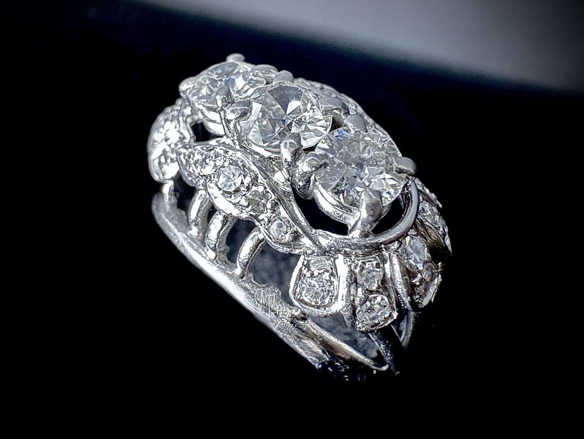 1930's Ring - 18k Gold - 3 Old-cut Diamonds Approx 1.15ct + Setting-photo-4