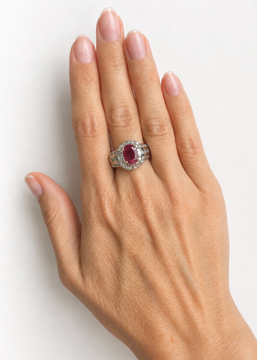 18k Gold Ring - Ruby Approx 2 Ct + Double Entourage Of Diamonds And Baguette Diamonds On The Ring-photo-2