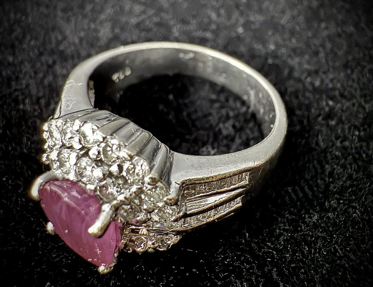 Bague or 18K - rubis env 2 ct + double entourages diamants et diamants baguettes sur l'anneau-photo-3