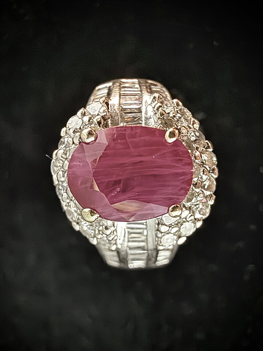 Bague or 18K - rubis env 2 ct + double entourages diamants et diamants baguettes sur l'anneau-photo-6