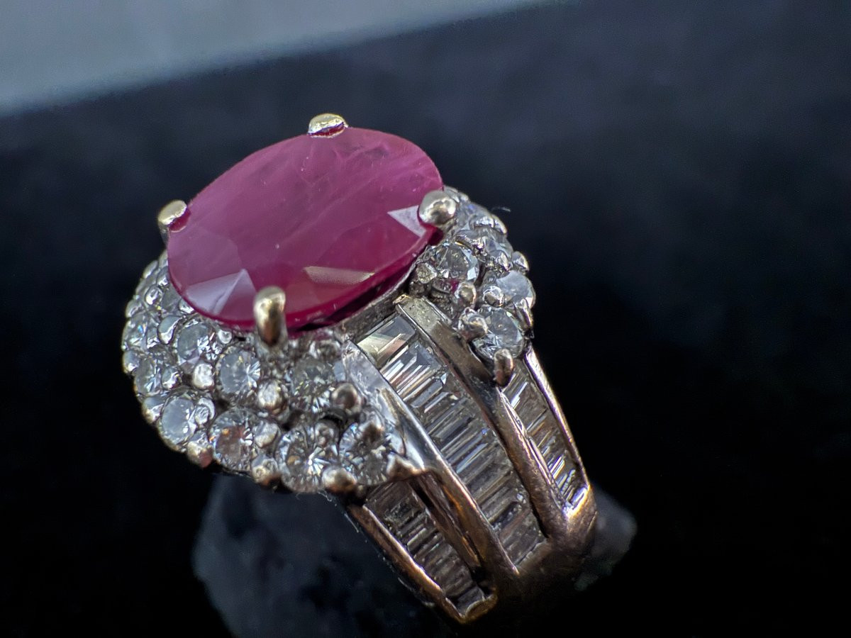 Bague or 18K - rubis env 2 ct + double entourages diamants et diamants baguettes sur l'anneau-photo-7