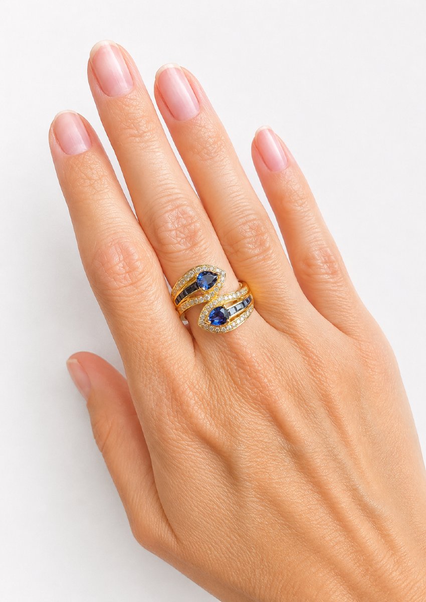 18k Yellow Gold Ring - Two Pear Sapphires + Calibrated Sapphires And Brilliants-photo-2