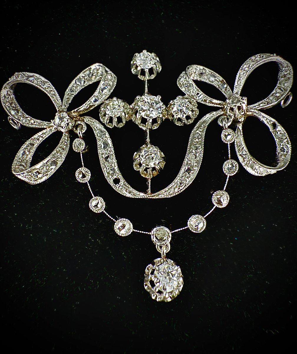 Pendentif et chaîne en platine, belle époque, noeuds de ruban et guirlandes, 1,40ct de diamants-photo-4
