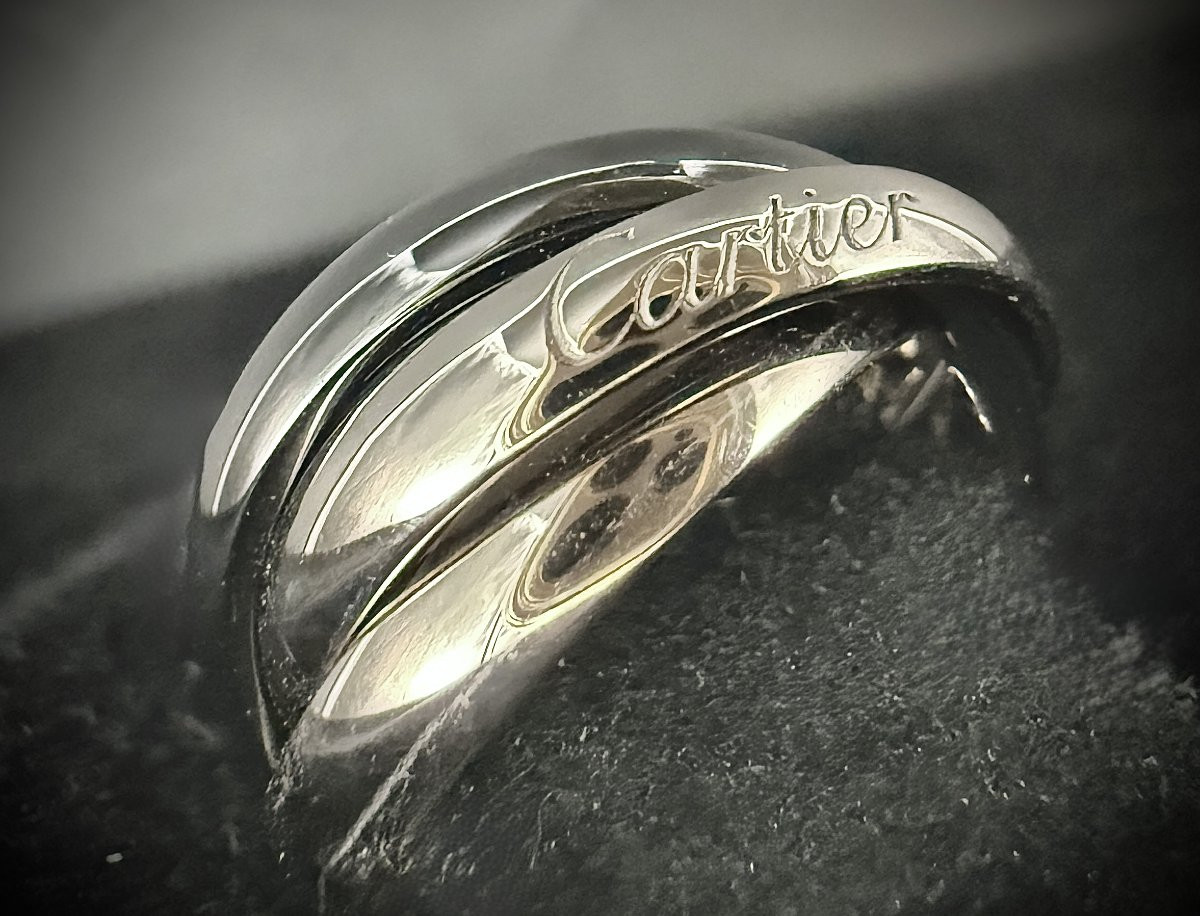 Ring, 18k White Gold And Ceramic, Signed By Cartier, Trinity Model, 3 Rings-photo-3