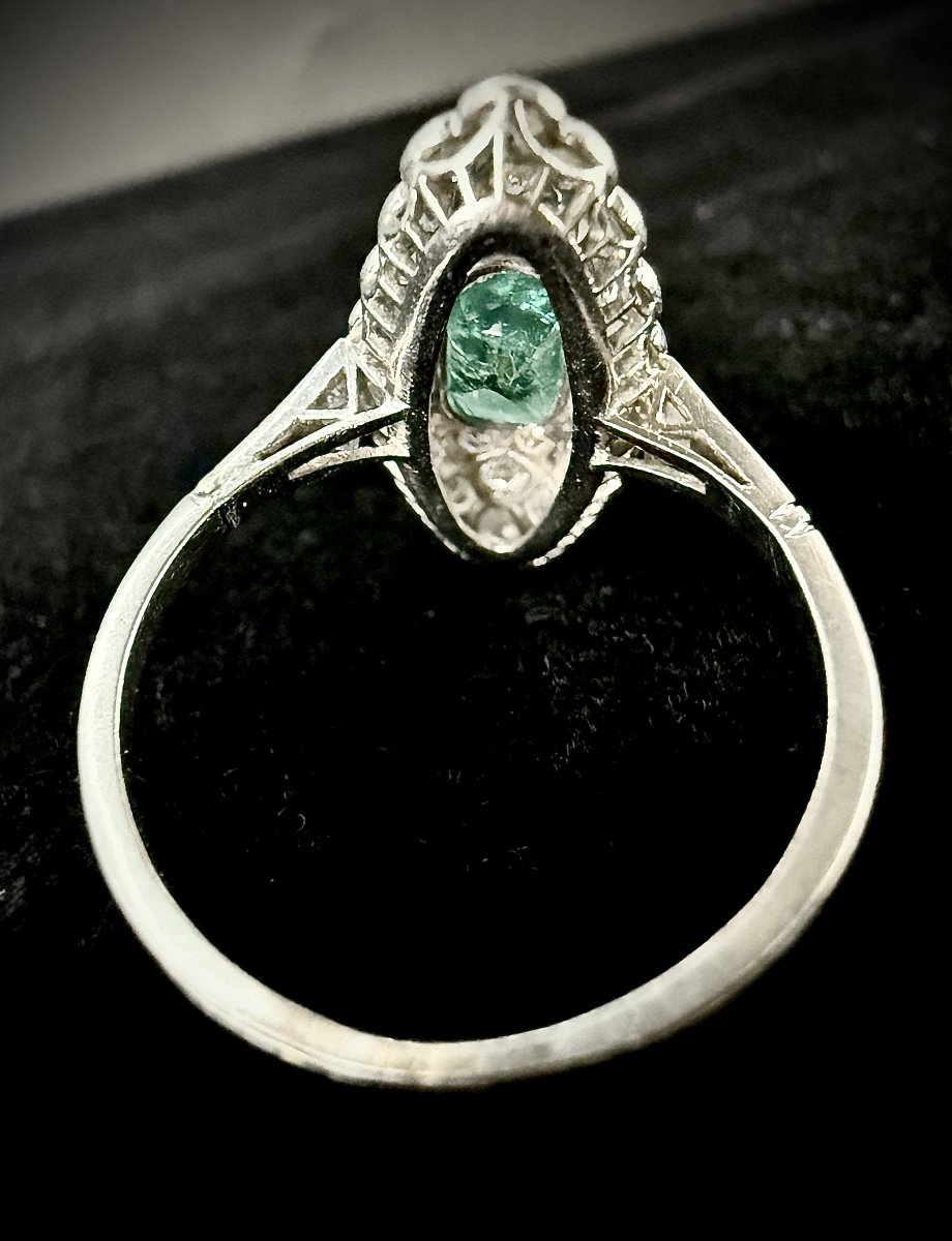Bague Belle Epoque en platine, émeraude 1 carat et pavage diamants anciens 1,30 carats-photo-4