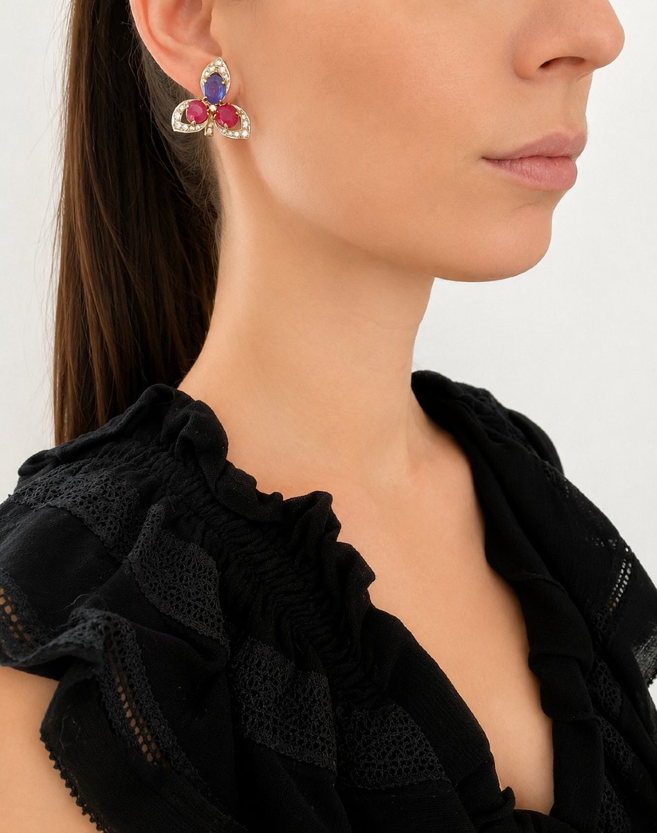 Paire de boucles transformables en or 18k, 6 ct rubis et 3,5ct saphirs cabochons et diamants-photo-4
