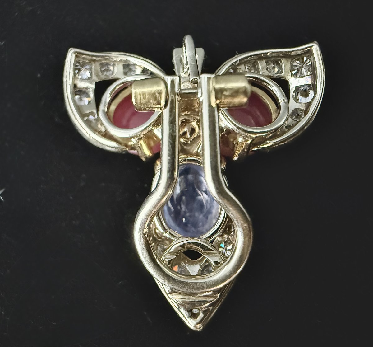 Paire de boucles transformables en or 18k, 6 ct rubis et 3,5ct saphirs cabochons et diamants-photo-5