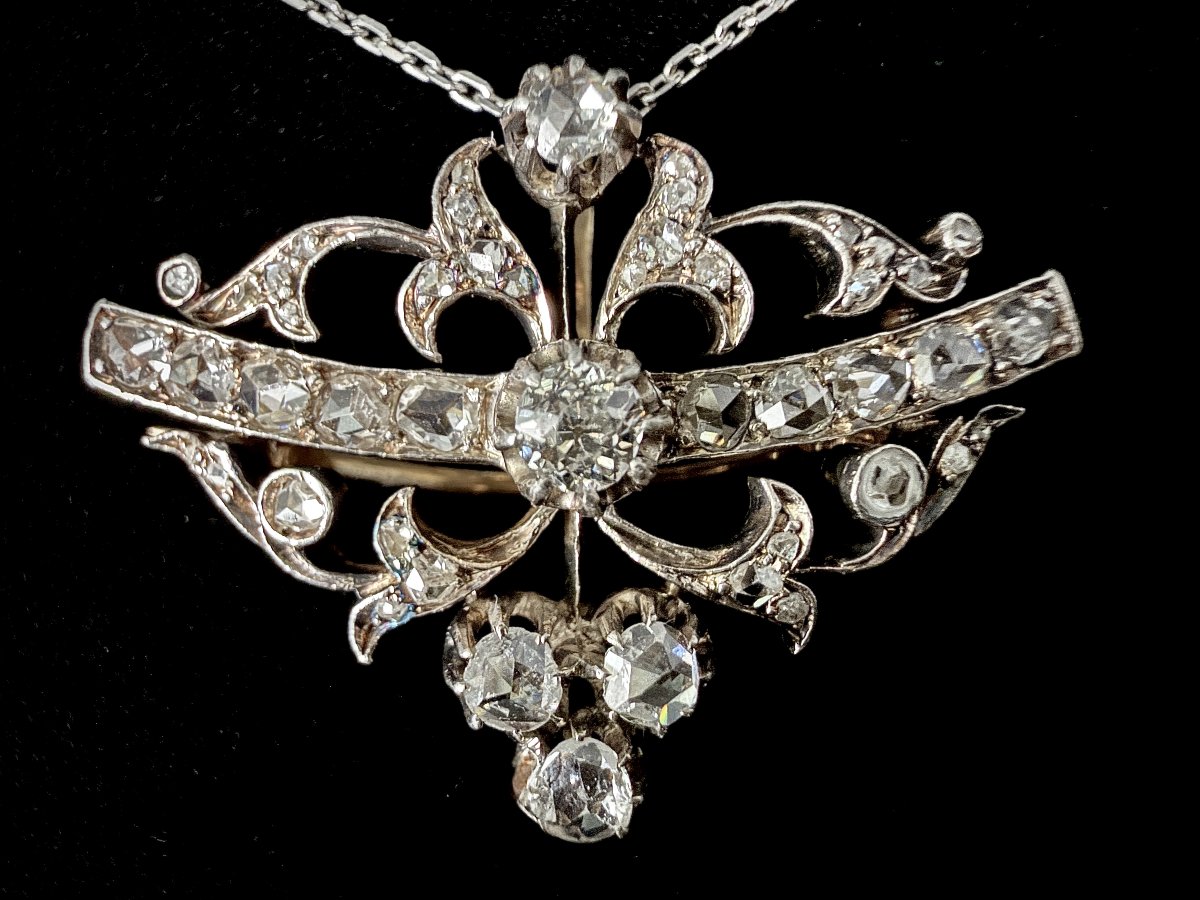 Broche et pendentif belle époque or jaune et platine sertie de diamants anciens-photo-1