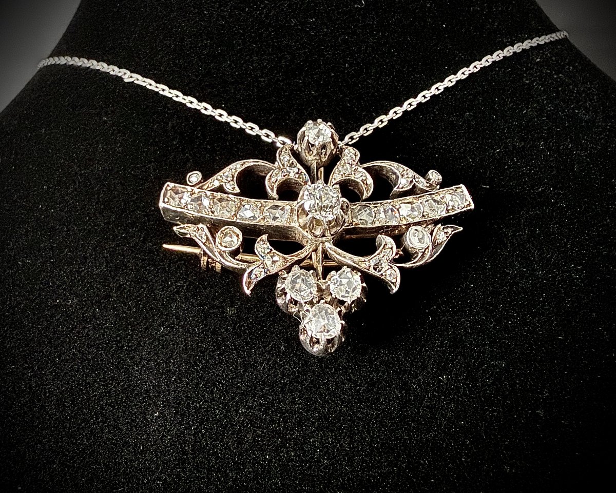 Broche et pendentif belle époque or jaune et platine sertie de diamants anciens-photo-2